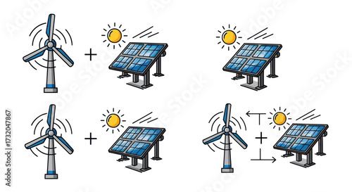 Hand-drawn Renewable Energy Icons: Wind Turbines and Solar Panels with Sun.