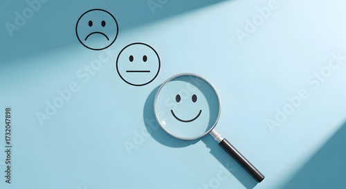 Find joy smiley face icon magnified in glass among sadness. Customer satisfaction and evaluation post-service or marketing survey. Magnifying, satisfaction, reputation depicted.