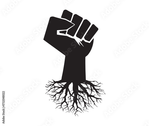 A raised fist emerging strong roots silhouette.