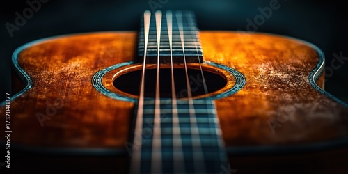 Close-up of a wooden acoustic instrument, showcasing the body, strings, and sound hole against dark backdrop