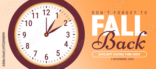Fall Back. daylight saving time ends 2025 background or banner design template. Daylight Saving Time is Over. The clock turns back one hour on November 2, 2025. Fall back concept banner. Vector