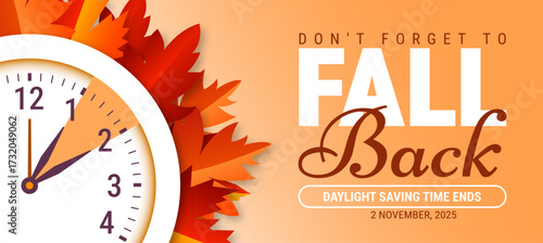 Fall Back. Daylight saving time ends banner or background with realistic wall clock and autumn foliage leaf. Set your clocks back one hour on November 2, 2025. Reminder schedule. USA, Canada.