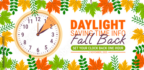 Fall Back. daylight saving time ends 2025 background or banner design template. Daylight Saving Time is Over. The clock turns back one hour on November 2, 2025. Fall back concept banner. Vector