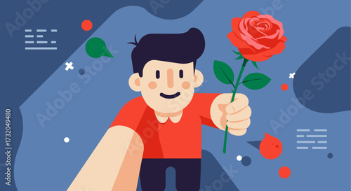 Man a offering a rose. Cartoon man holding a rose and smiling in a colorful background  
