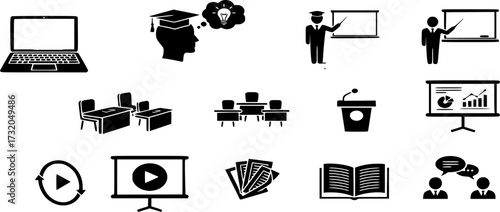 Business Training Related Icons. online class, eLearning, Teacher, Class, Presentation, Video, Book, Mentoring icon vector.