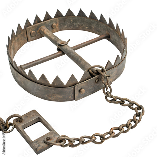 Steel Animal Trap, Jaws and Chain on a transparent background