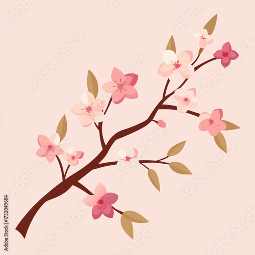 Cherry Blossom Branch with Pink Flowers and Brown Leaves Keywords: cherry blossom, sakura