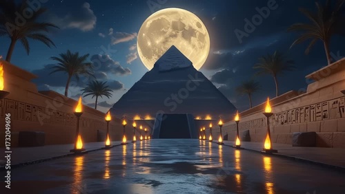 Illuminated pyramid at night under a full moon, with torches lining a reflective pathway, evoking ancient Egypt.