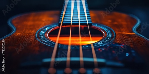 Close-up of a wooden acoustic instrument with strings, showing sound hole & body