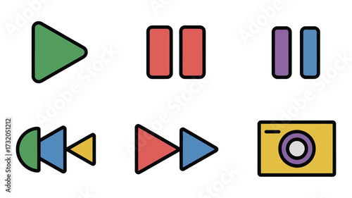 Vector art of media player control icons, including play, pause, rewind, fast forward, and camera symbols for multimedia applications