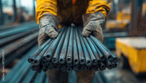 Close-up of gloved hands holding a bundle of metal rods, showcasing construction material