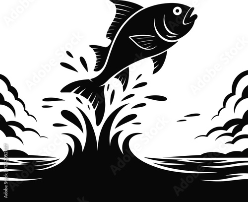 Black and white silhouette of a fish leaping from water