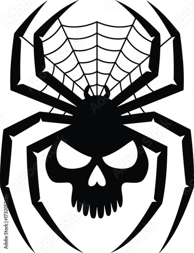 Black silhouette of a spider with a skull for a face and web