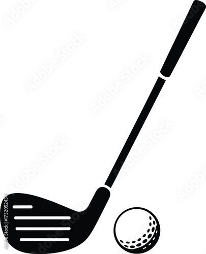 Black silhouette of a golf club and ball on a white background