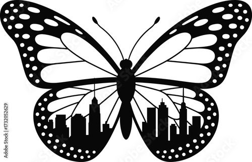 Butterfly silhouette with a city skyline inside its wings