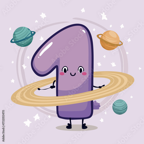 Cartoon Number One with Planets and Rings.