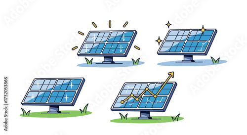 A set of four illustrated solar panels representing clean energy efficiency and investment growth concepts.