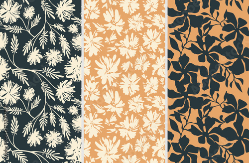 A set of seasonal seamless floral patterns in trendy colors, ink, linear vector, concise, contrasting, handmade ink drawings for fabric design, decor, postcards, flowers on light and dark backgrounds
