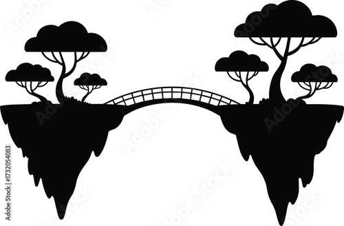 Silhouette of a bridge connecting two floating islands with trees