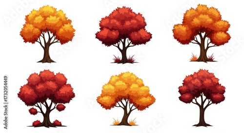 Six Colorful Cartoon Trees with Autumnal Foliage.