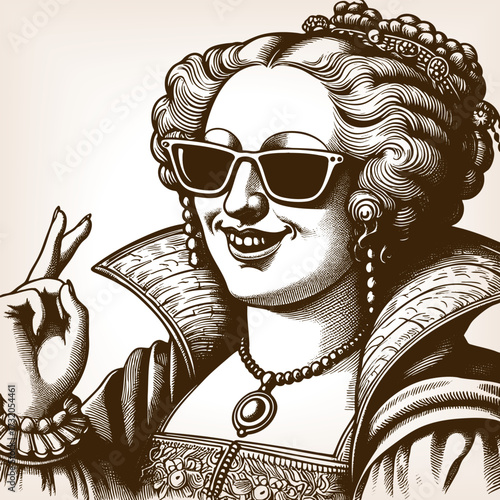 Renaissance noblewoman, humorously modernized with dark sunglasses for a quirky, playful effect sketch engraving generative ai fictional character vector illustration. Scratch board. Black and white.