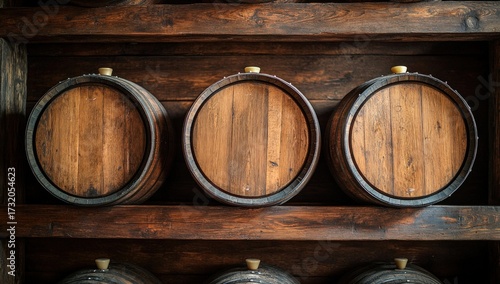Rustic wooden barrels rest neatly on shelves within a dimly lit storage space
