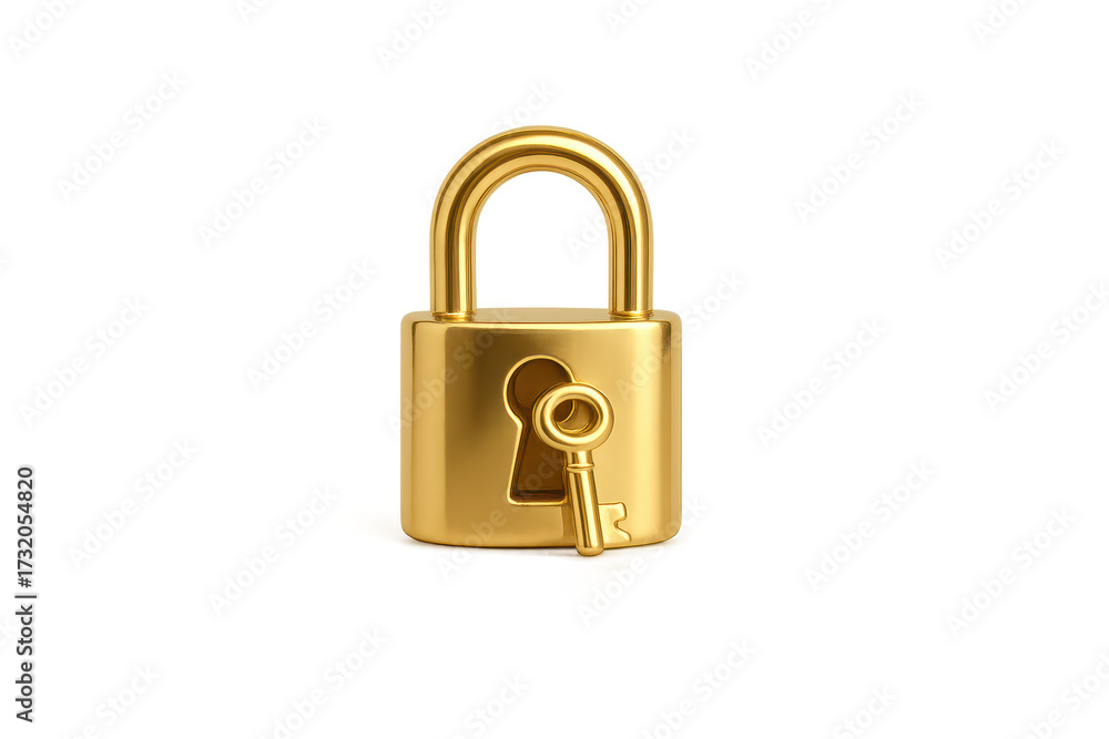 Naklejka premium Shiny gold padlock and key isolated on a transparent background, security concept