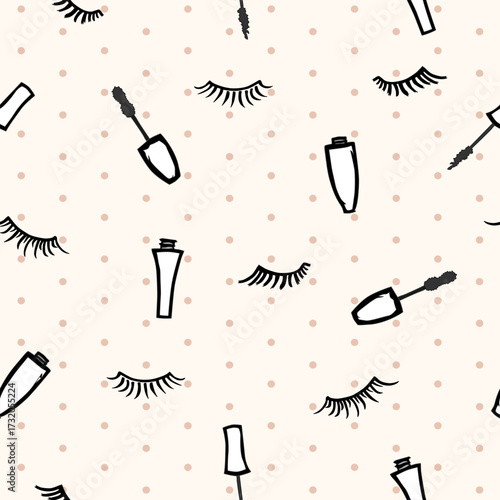 Vector seamless pattern with mascaras and eyelashes on beige background with polka dot
