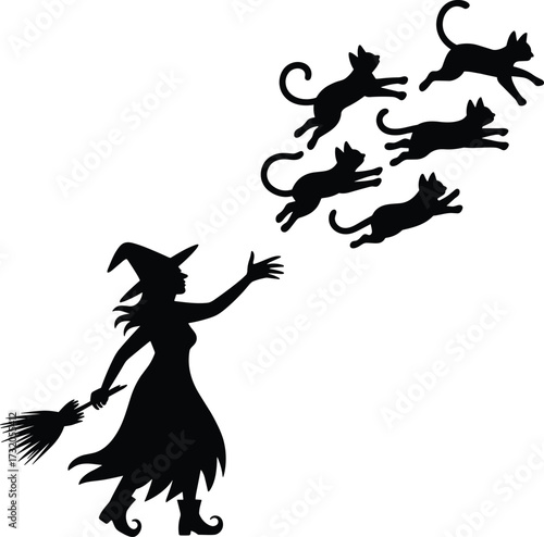 Silhouette of a witch with a broomstick and a group of playful cats