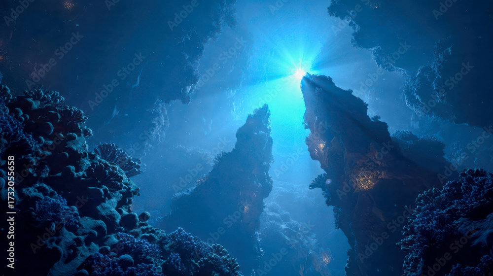Fototapeta premium Sunlight illuminating underwater cave with coral reefs and rocks