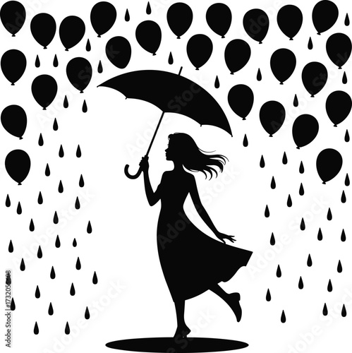 Silhouette of a woman holding an umbrella under a shower of balloons and raindrops