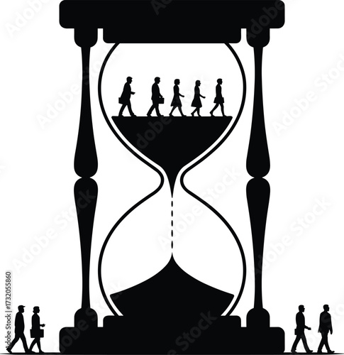 Silhouettes of people walking inside an hourglass representing the passage of time