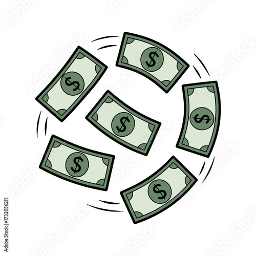 Cartoon Money Bills Spinning in a Circular Motion Representing Wealth or Success in a Playful and Dynamic Way