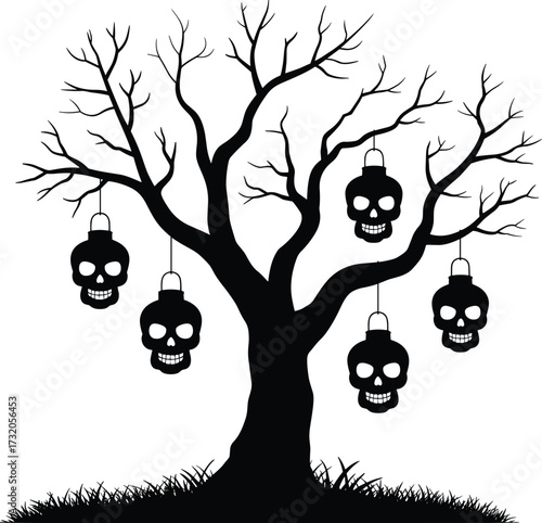 Spooky silhouette tree adorned with hanging skull lanterns