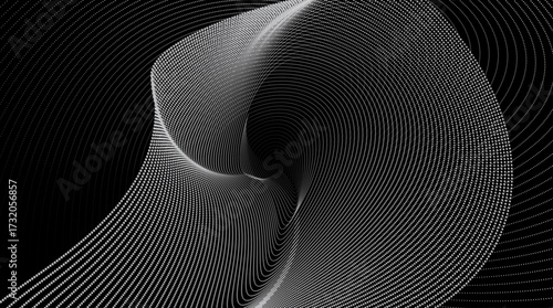 Abstract vector illustration of flowing dots forming dynamic wave patterns on a black background, symbolizing technology, sound, and music. 