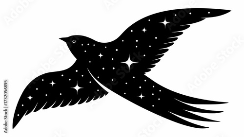 Soaring bird silhouette filled with stars, a symbol of freedom and dreams, perfect for inspirational designs and ethereal themes, originally vector art