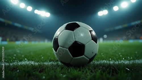 Soccer Ball on the Pitch at Night Under Stadium Lights.