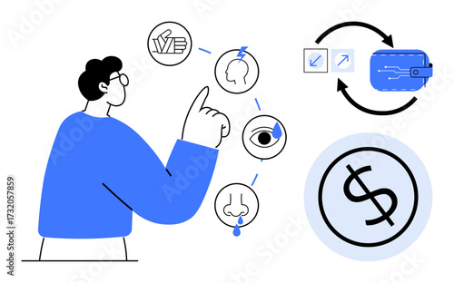 Person pointing at interconnected sensory icons of touch, sight, smell, hearing, circular wallet diagram. Ideal for decision-making, senses, trade, planning strategy psychology simple flat