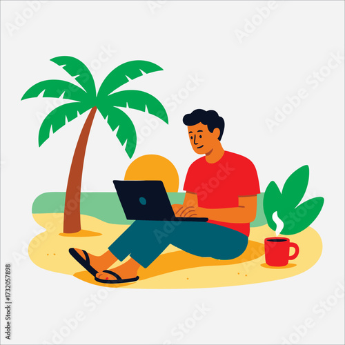 Remote Work Lifestyle – Man with Computer and Coffee at Seaside