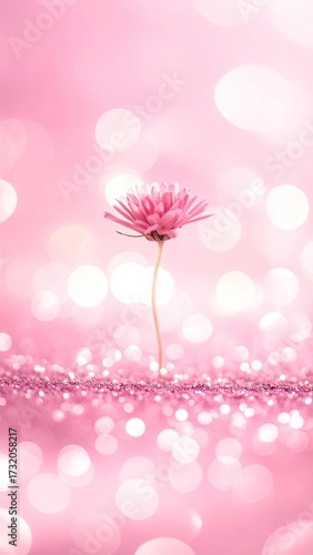 Single Pink Flower With Long Stem and Bokeh Lights on Pink Glitter Background Delicate Floral Still Life Against Sparkling Light Display
