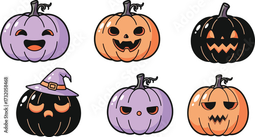 Adorable Cartoon Pumpkins with Spooky and Funny Faces for Halloween Celebrations