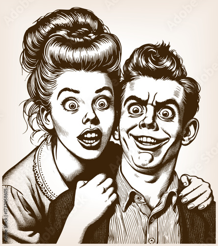quirky couple with wide-eyed surprised expressions, exaggerated features, humorous comic style sketch engraving generative ai fictional character vector illustration. Scratch board. Black and white.