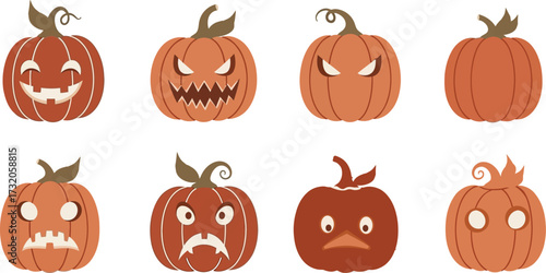 A charming collection of eight unique, illustrated Halloween pumpkins, each with its own distinct, expressive face, perfect for seasonal decorations and designs