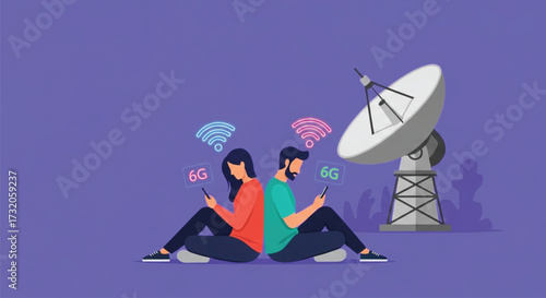 A man and a woman are sitting back to back, each holding a mobile phone with 6G signals above them. A satellite dish stands behind, symbolizing connectivity. Vector illustration.