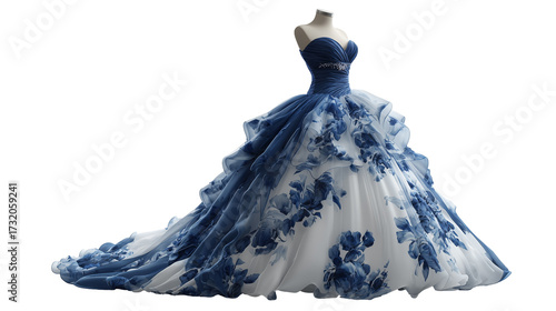 Elegant Blue and White Ball Gown Dress, Stunning Floral Evening Gown for Special Occasions, Luxury Princess Style Wedding and Prom Dress