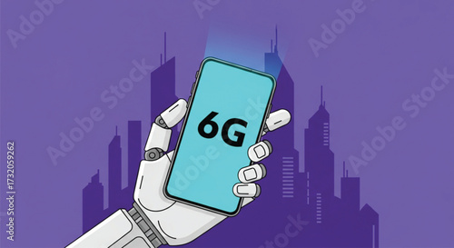 A robotic hand holding a smartphone with the 6G logo, set against a stylized cityscape, representing the next generation of mobile technology. Vector illustration.