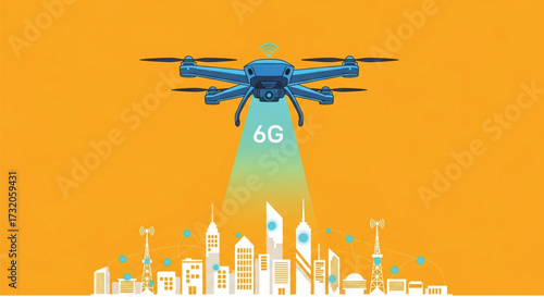 A modern cityscape is connected by a drone emitting a 6G signal, symbolizing technological advancement and the future of wireless communication in urban areas. Vector illustration.