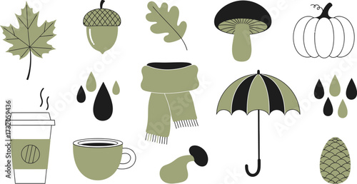 Autumn Season Icons Collection Featuring Leaves, Acorn, Mushroom, Pumpkin, Coffee Cup, Umbrella, And Pinecone