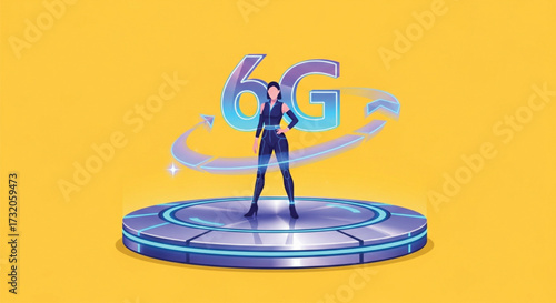 A woman stands on a platform with the 6g logo behind her, symbolizing the next generation. Vector illustration.