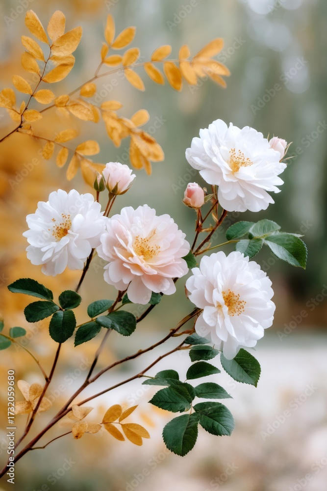 Fototapeta premium White and pink roses blooming in autumn garden